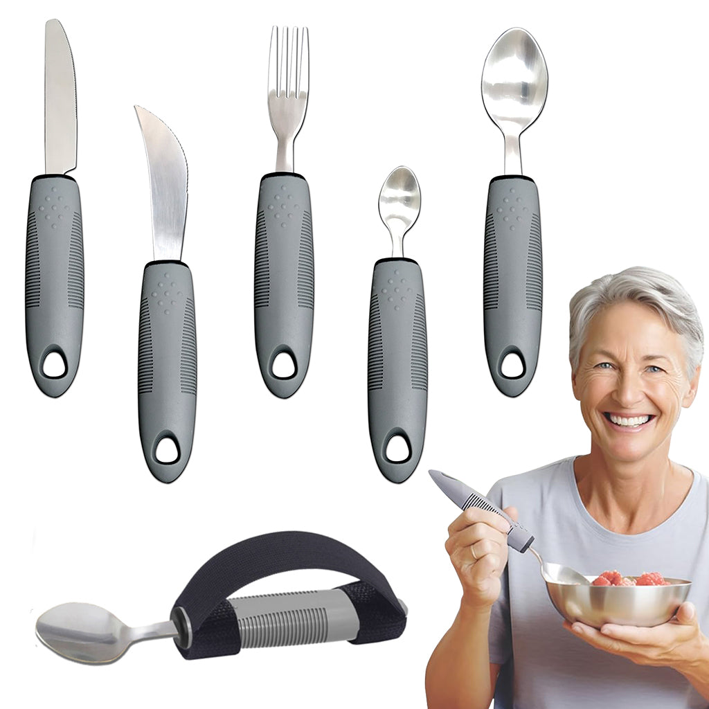 HASTHIP Set of 5 PCS Adaptable Cutleries Bendable Stainless Steel Fork Spoon Soup Spoon Table Cutter Anti-slip Handle Design with Elastic Strap Cutleries Set for Patients HASTHIP Set of 5 PCS Adaptable Cutleries Bendable Stainless Steel Fork Spoon Soup Spoon Table Cutter Anti-slip Handle Design with Elastic Strap Cutleries Set for Patients